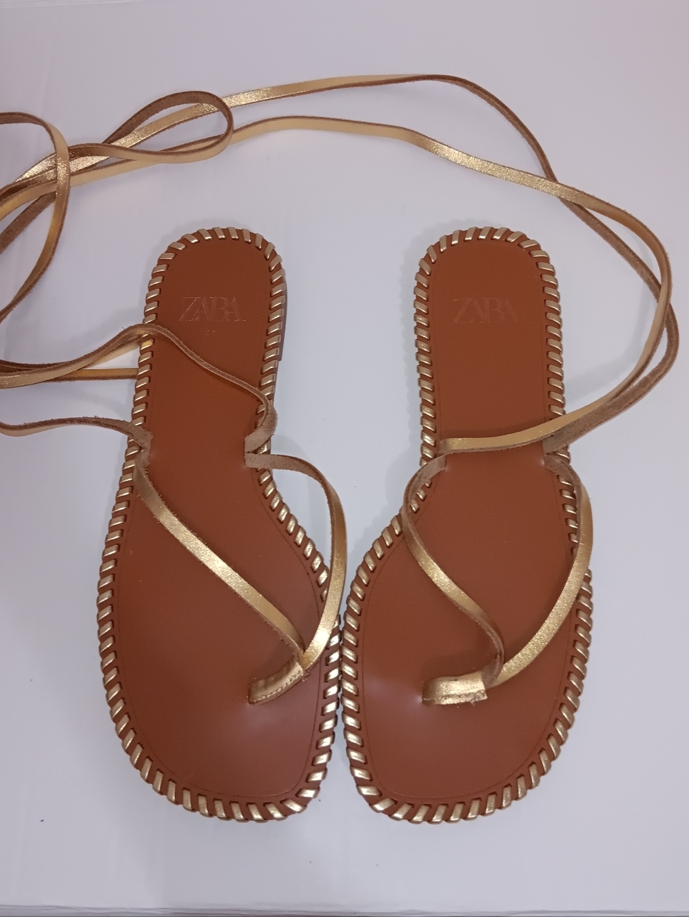 ZARA Metallic Gold Wrap-Around Flat Sandals
